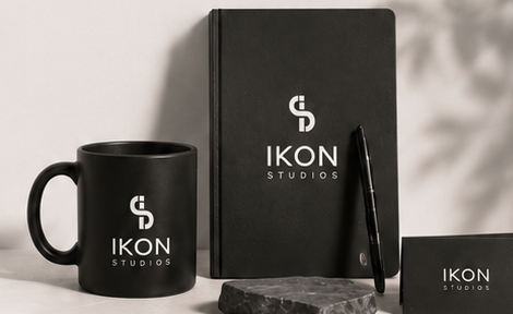 Ikon Studios mug, notebook and brand stationery